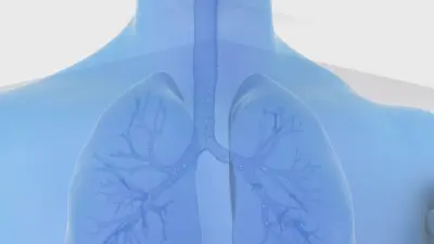 Blue illustration of lung with particles to suggest FeNO.