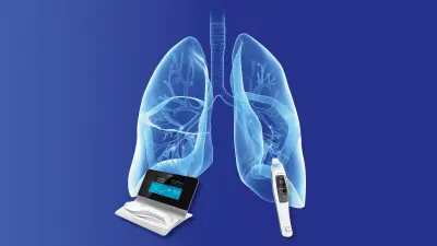 Lung illustration in x-ray style on blue background with device illustration Vivatmo me and pro