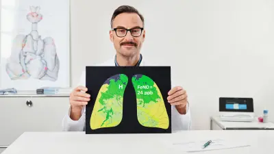 Confident-looking doctor sitting at desk with Vivatmo pro in background, holding up lung image as weather map with positive value.